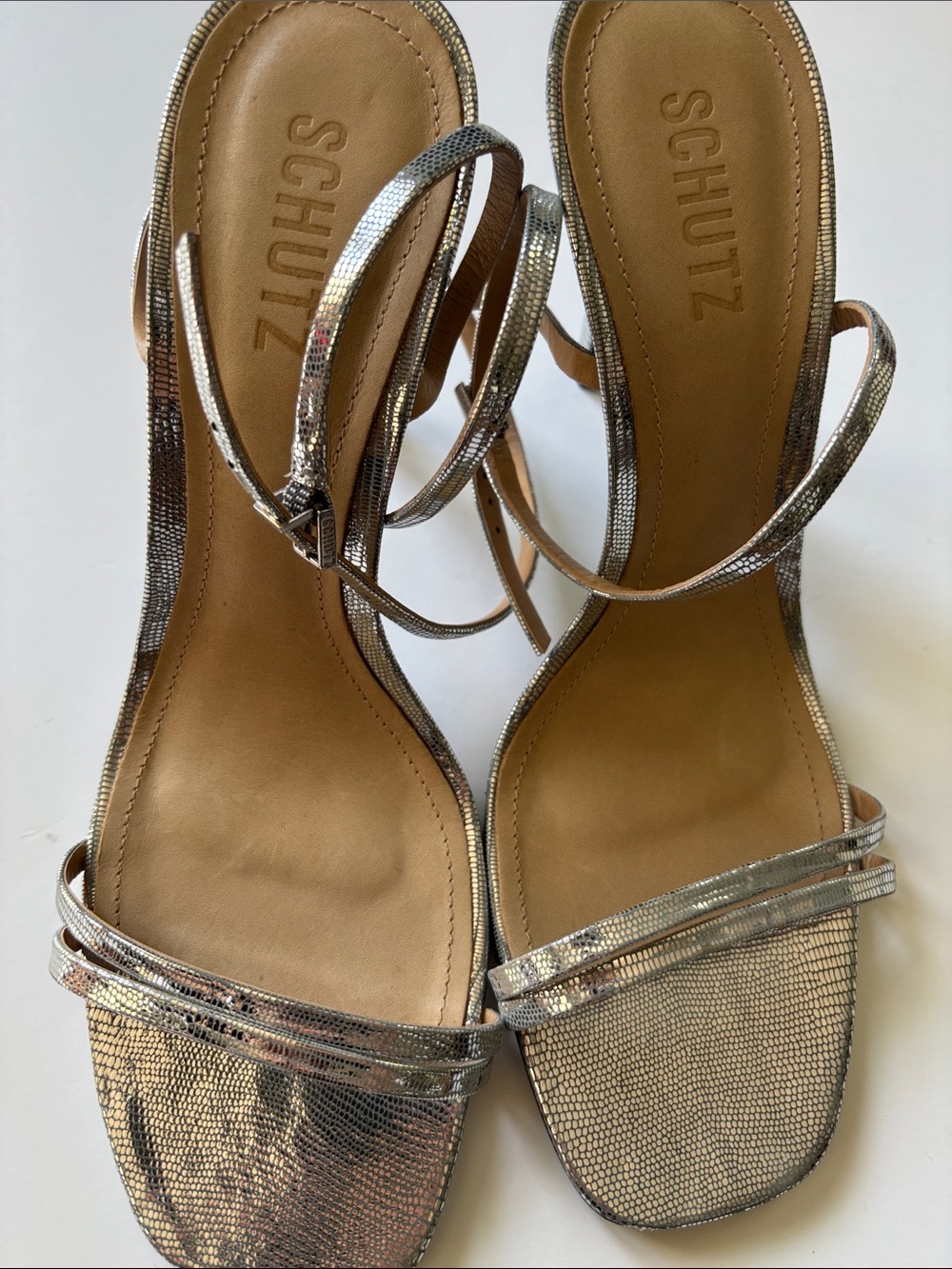 SCHUTZ size 9 silver Metallic leather Strappy Square-Toe Ankle Strap Heels
